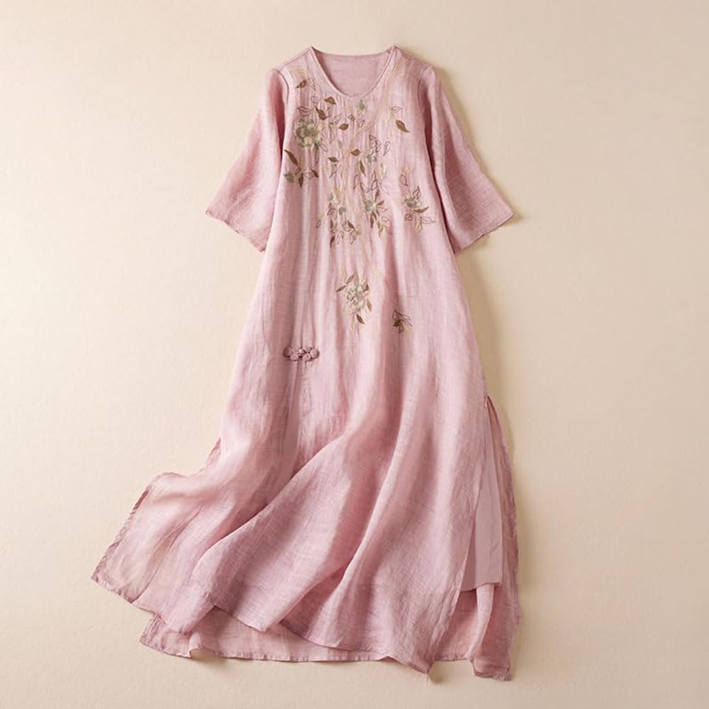 Amelia Women's Long Boho Dress – Cotton and Linen Dress with Floral Embroidery