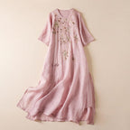 Amelia Women's Long Boho Dress – Cotton and Linen Dress with Floral Embroidery