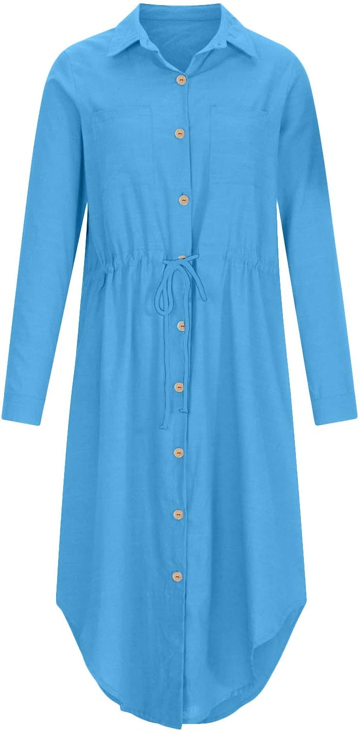 Sadie Abito Lino Donna – Vestito Midi Casual Elegante con Bottoni e Maniche Lunghe