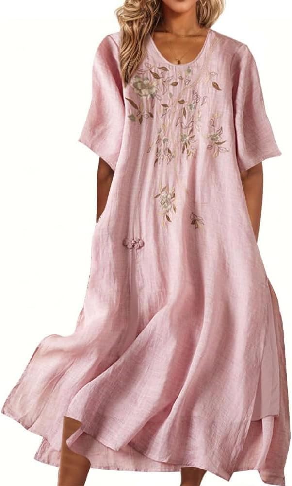 Amelia Women's Long Boho Dress – Cotton and Linen Dress with Floral Embroidery