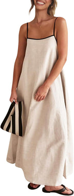 Vestido maxi de mujer Martina – lino, tirantes finos, espalda descubierta, casual