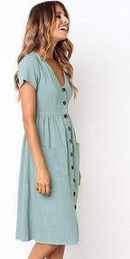 Laura Robe Midi Femme – Robe d’Été Décontractée avec Poches et Col V