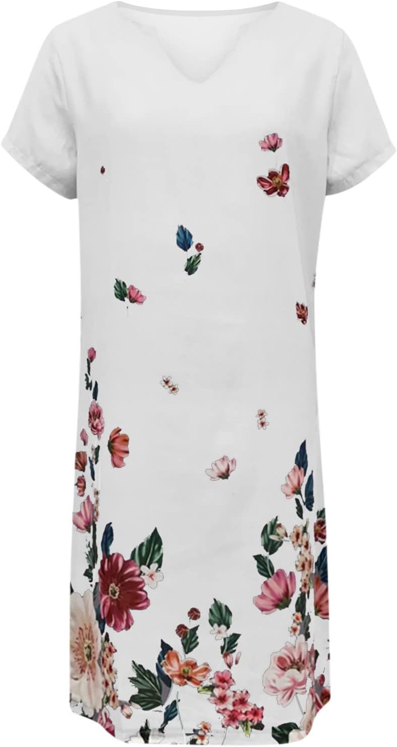 Elisa Vestito Midi in Lino da Donna – Abito Boho Casual con Scollo V e Maniche Corte