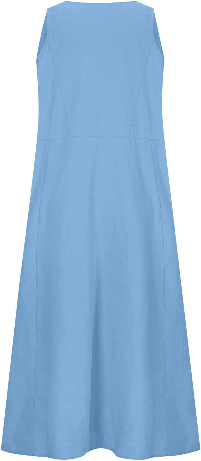Hailey Abito Donna Lino Cotone – Midi Senza Maniche, Plissé, Tasche Casual