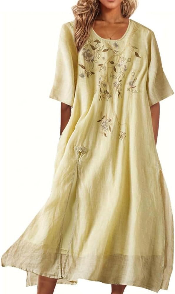 Amelia Vestito Lungo Boho da Donna – Abito in Cotone e Lino con Ricami Floreali
