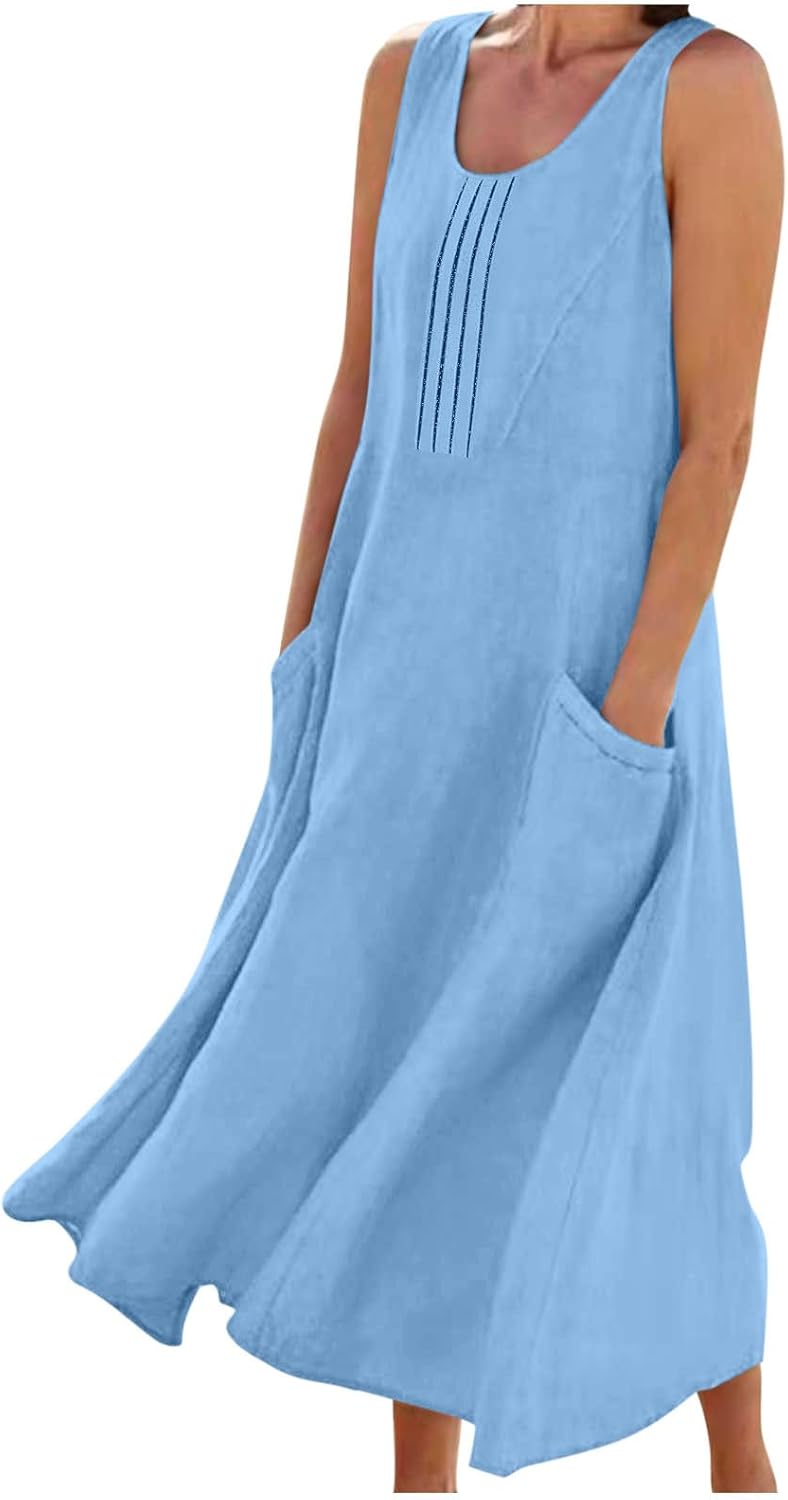 Hailey Abito Donna Lino Cotone – Midi Senza Maniche, Plissé, Tasche Casual