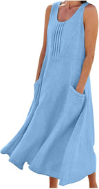 Hailey Abito Donna Lino Cotone – Midi Senza Maniche, Plissé, Tasche Casual