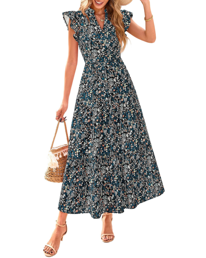 Dámské boho midi šaty Juliet – květinový vzor s výstřihem do V, volány a bočními kapsami
