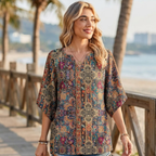 Sofia Blusa Donna – Boho Floreale, Scollo V, Maniche 3/4, Tunica Casual