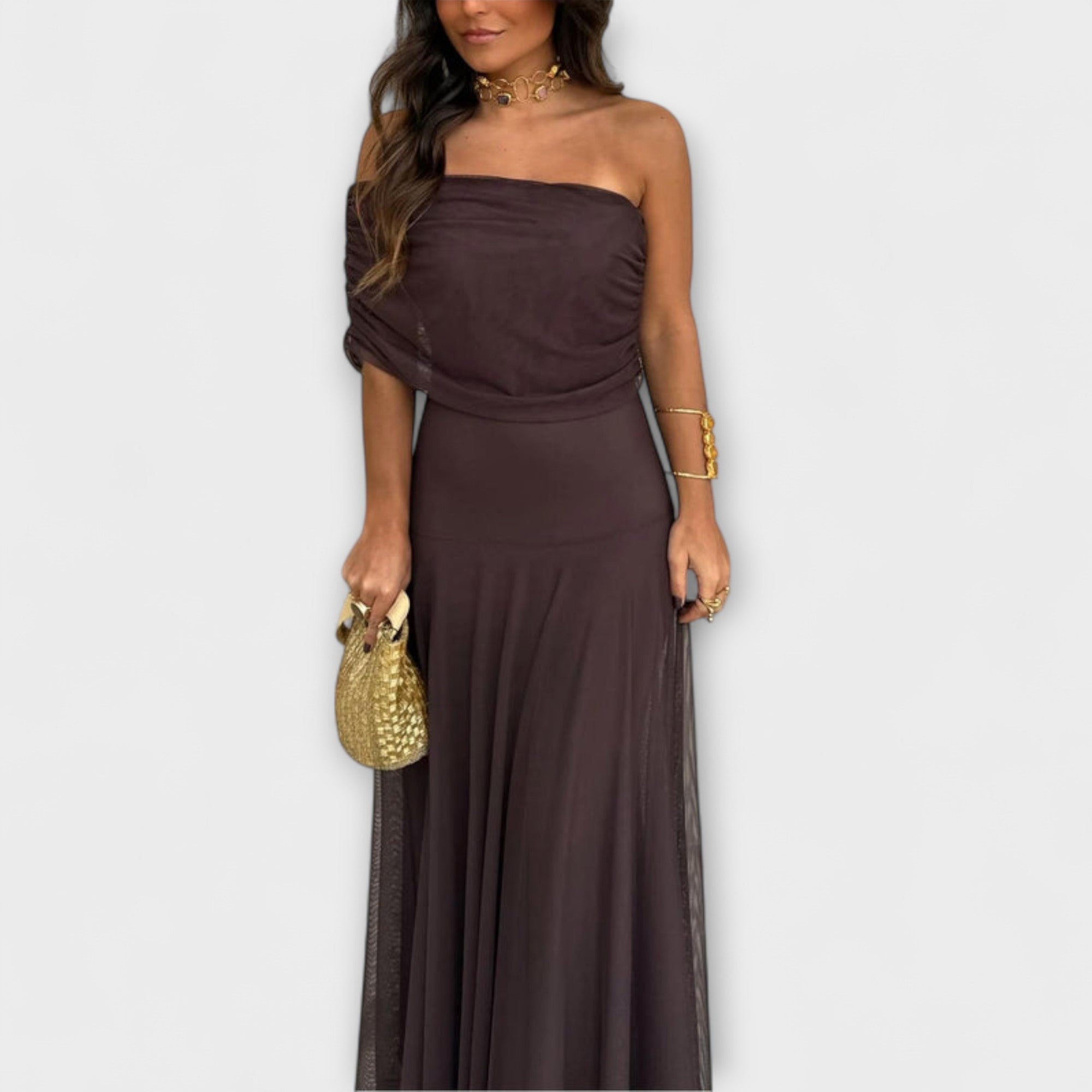 Roxy Robe Maxi Femme – Une Épaule, Corset Structuré & Fente Élégante avec Volants