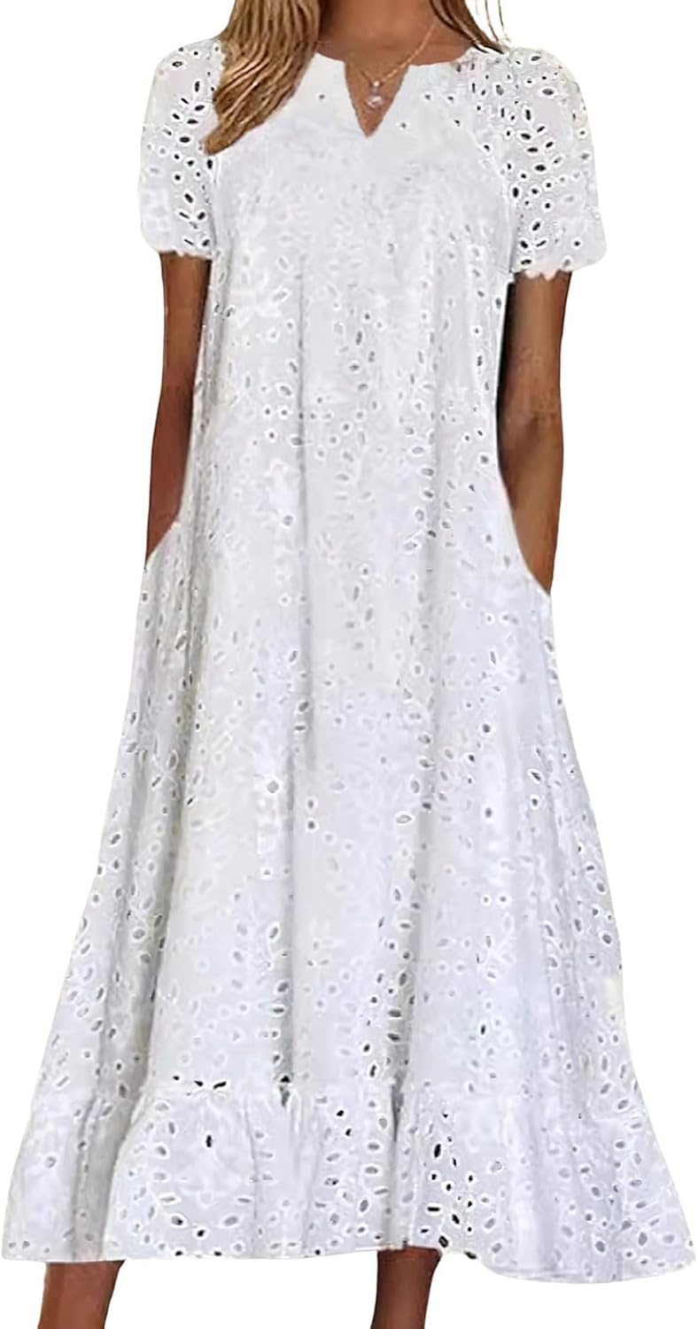 Marcy Robe Femme Midi Sangallo – Encolure Notch, Volants, Ligne A, Poches Estival
