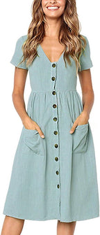 Meden Vestido Mujer Midi – Escote en V, Botones Decorativos, Línea A, Bolsillos Verano