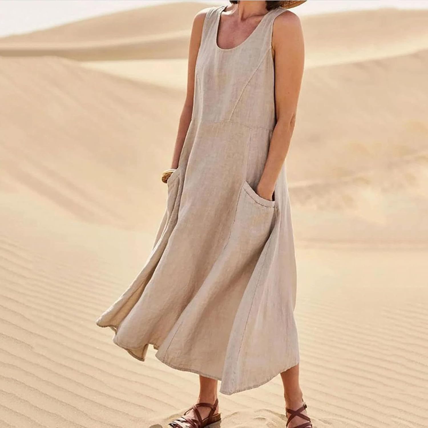 Elena Summer Dress in Cotton and Linen – Casual Sleeveless Dress with Pockets