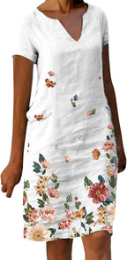 Elisa Vestito Midi in Lino da Donna – Abito Boho Casual con Scollo V e Maniche Corte