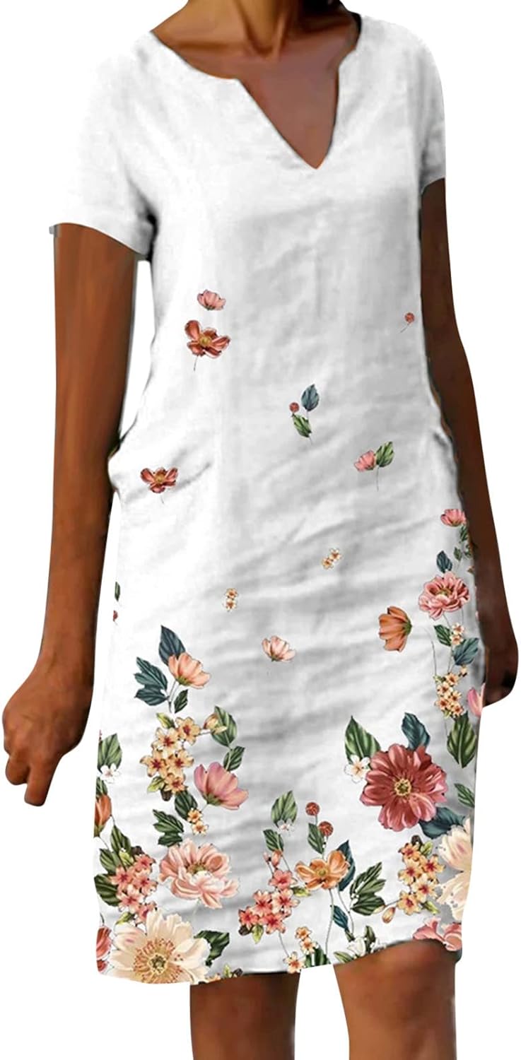 Elisa Vestito Midi in Lino da Donna – Abito Boho Casual con Scollo V e Maniche Corte