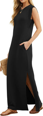 Charlotte Robe Maxi Femme – Robe Élégante Sans Manches avec Fente et Poches