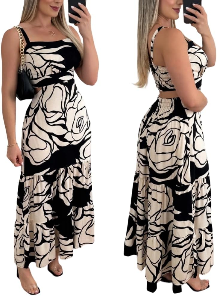 Giulia Abito Maxi Boho Donna – Scollo Quadrato, Cut-Out, Floreale A-Line Estivo