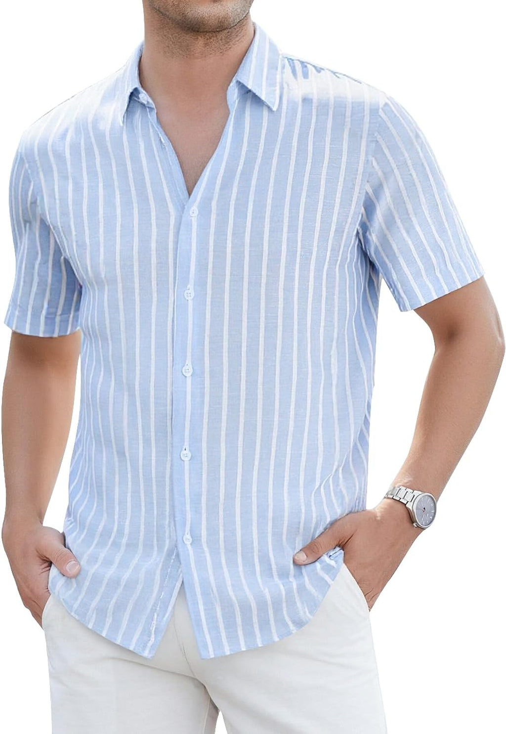 Luca Camicia in Lino da Uomo – Camicia Estiva a Righe con Maniche Corte