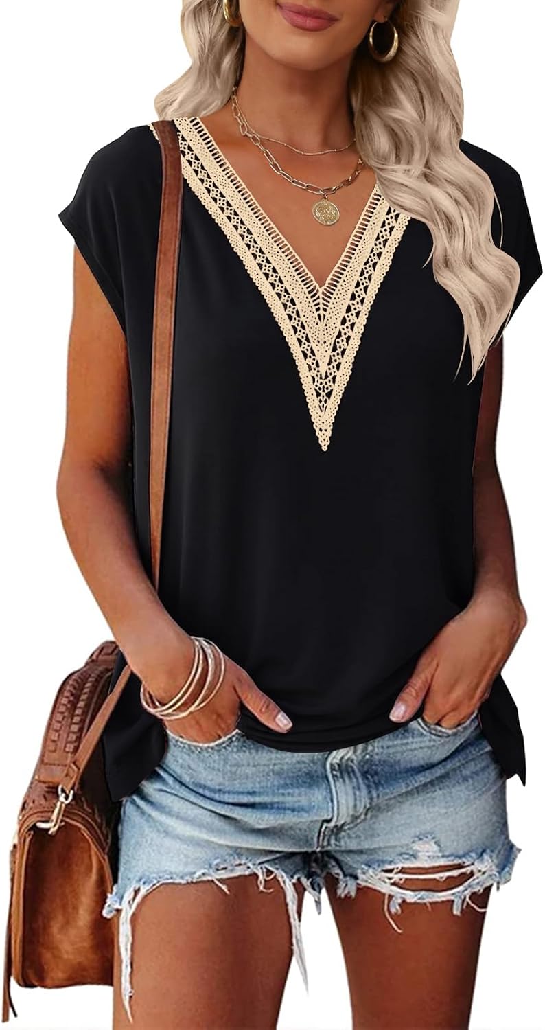 Elena Blouse Femme – Col V avec Dentelle, Manches Courtes, Tunique Bohème Décontractée