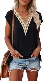 Elena Blouse Femme – Col V avec Dentelle, Manches Courtes, Tunique Bohème Décontractée