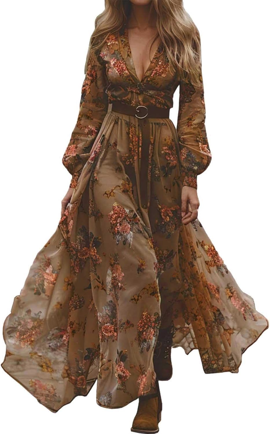 Luna Robe Femme – Robe Longue Bohème Florale, Col V, Manches Longues, Élégante