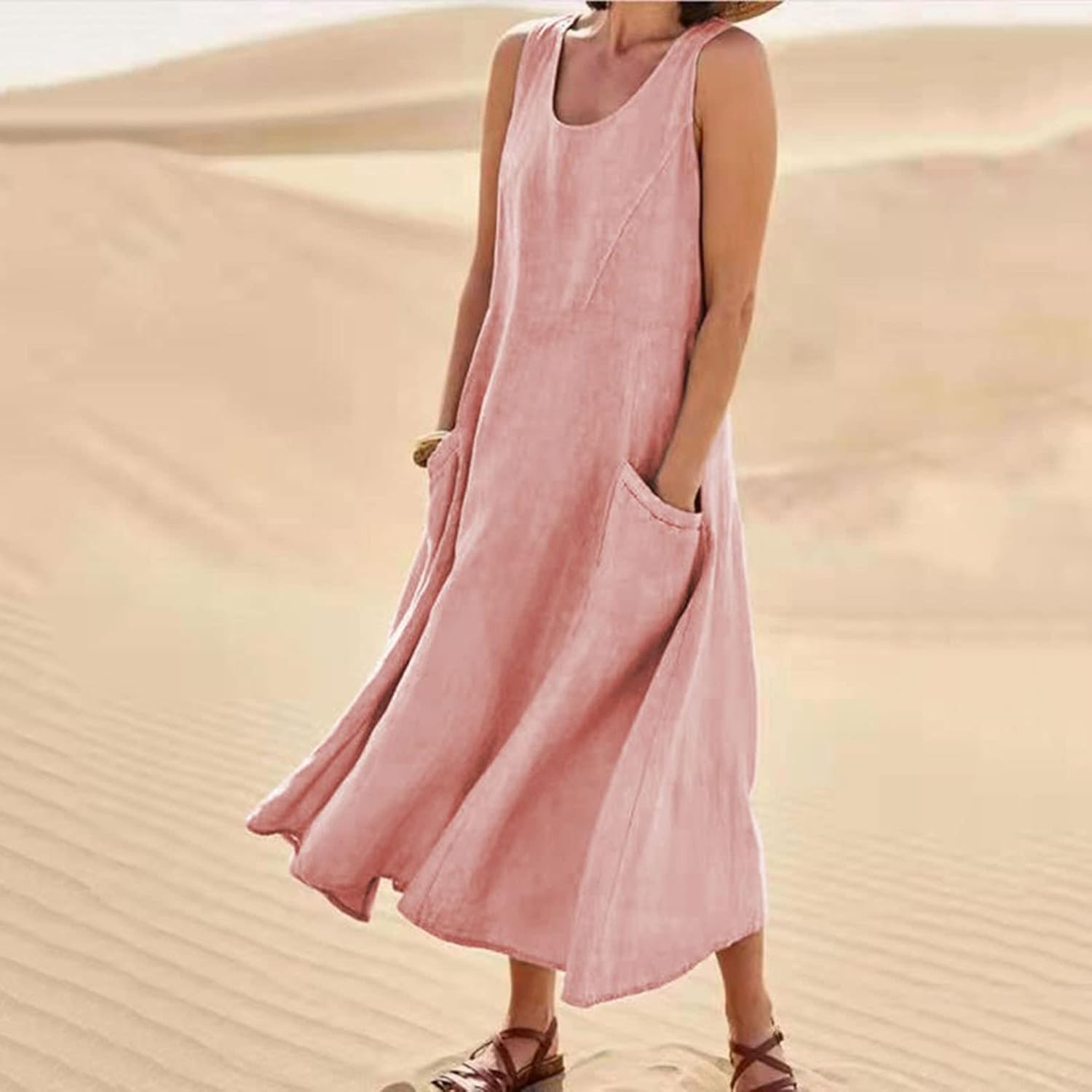 Elena Summer Dress in Cotton and Linen – Casual Sleeveless Dress with Pockets
