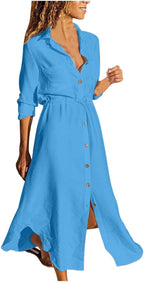 Sadie Abito Lino Donna – Vestito Midi Casual Elegante con Bottoni e Maniche Lunghe
