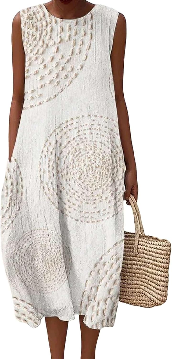Aurora Vestito Maxi in Lino da Donna – Abito Estivo Senza Maniche con Tasche