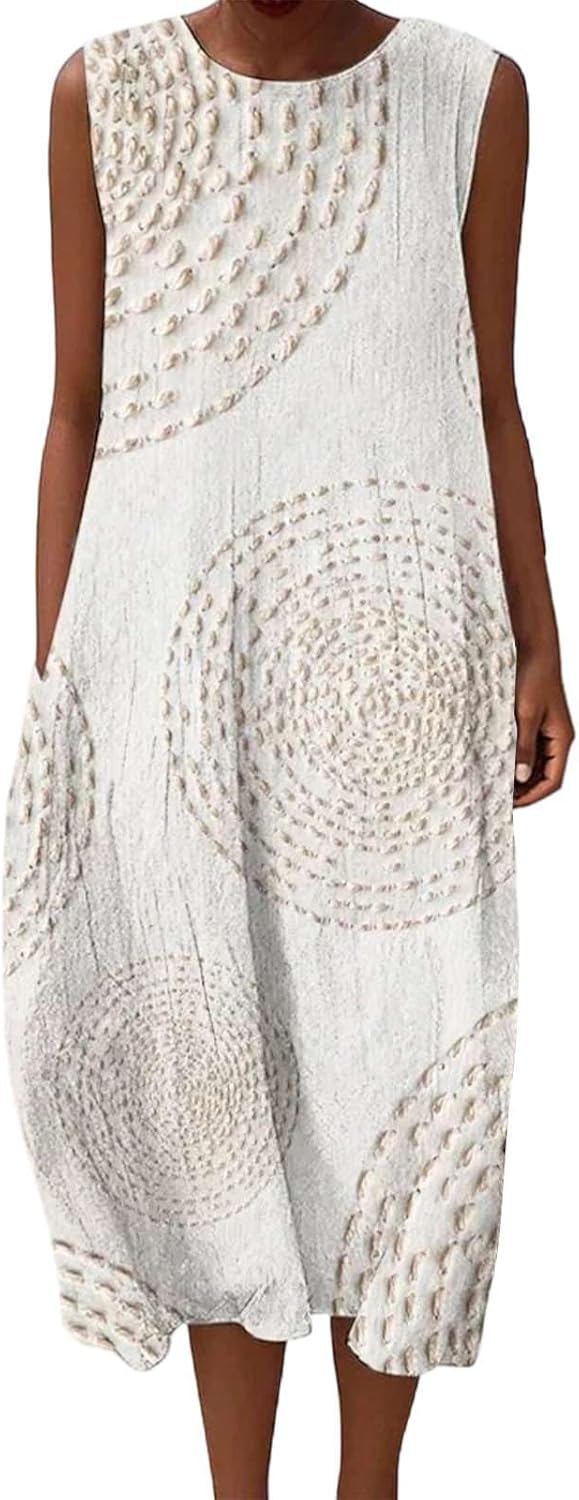 Aurora Vestito Maxi in Lino da Donna – Abito Estivo Senza Maniche con Tasche