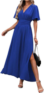 Elena Vestito Elegante da Donna – Abito Maxi Plissettato con Scollo V e Spacchi