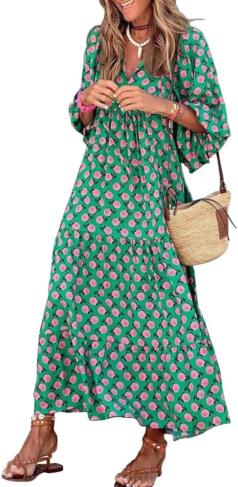 Mandie Abito Donna Maxi Boho – Scollo V Profondo, Mezza Manica, A-Line Estivo