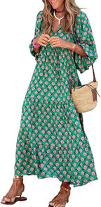 Mandie Abito Donna Maxi Boho – Scollo V Profondo, Mezza Manica, A-Line Estivo