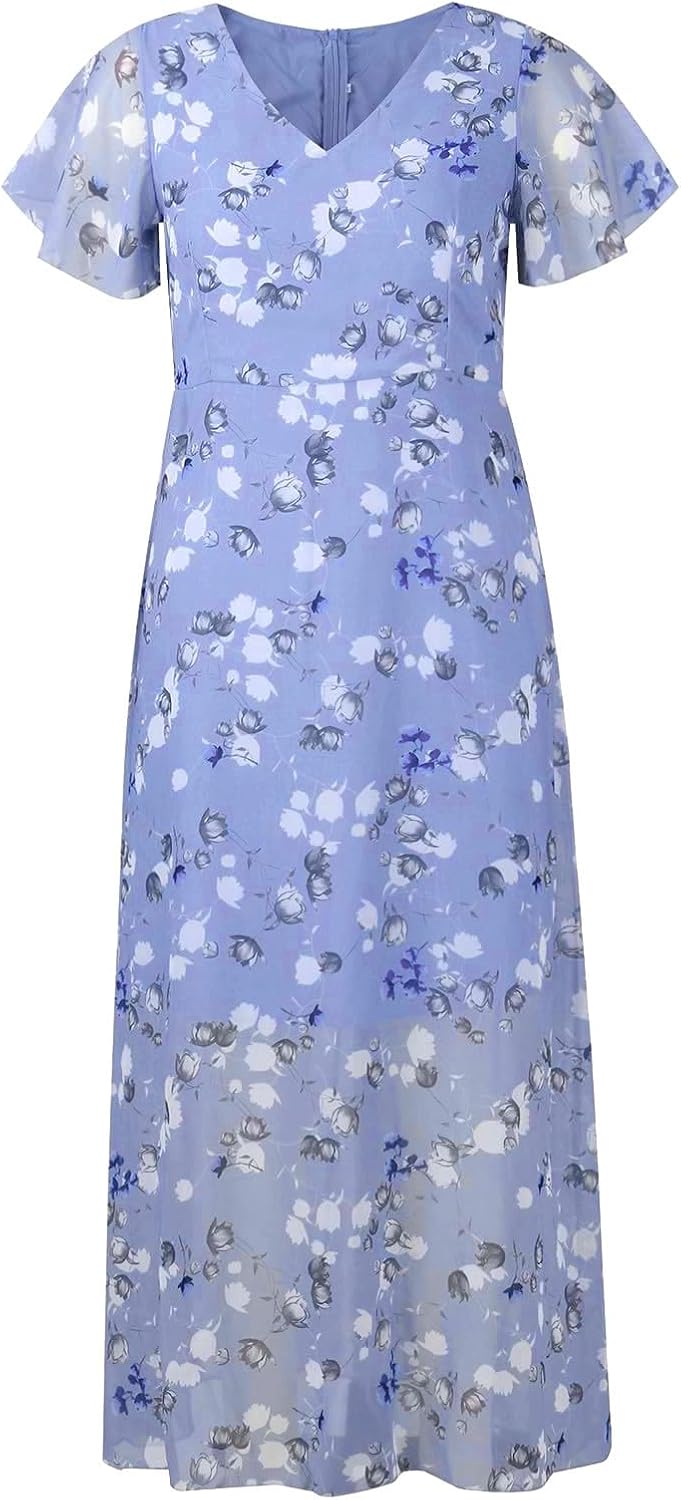 Giulia Robe Femme Maxi Fleurie – Col V, Manches Volants Bohème Élégante d'Été