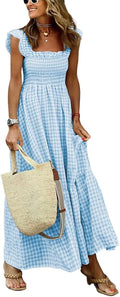 Emma Women's Checked Maxi Dress – Summer Dress with Ruched Bodice and Pockets