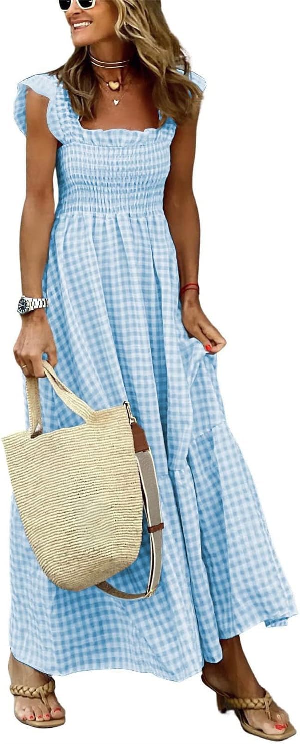 Emma Vestito Maxi a Quadri da Donna – Abito Estivo con Corpetto Arricciato e Tasche