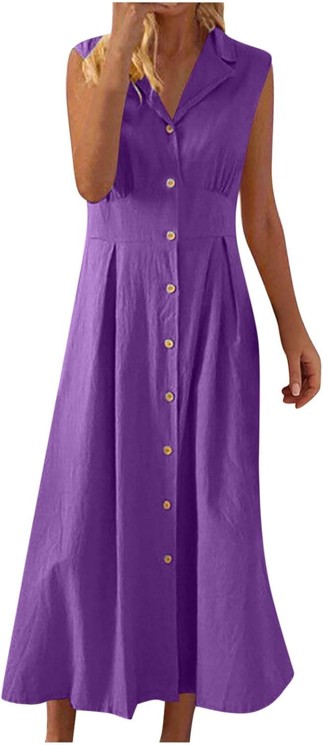 Aurora Robe Femme – Robe Longue Lin Coton, Sans Manches, Boutons