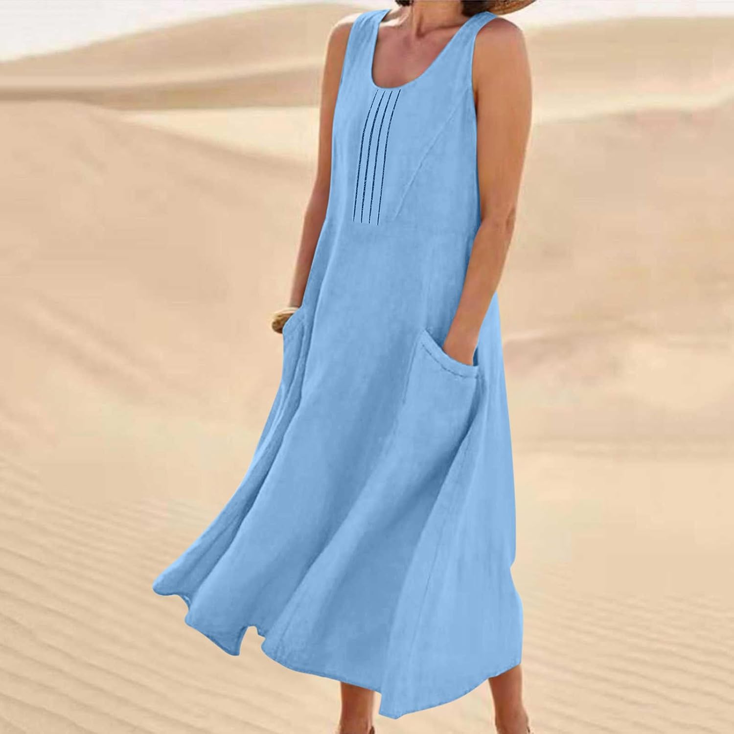 Hailey Abito Donna Lino Cotone – Midi Senza Maniche, Plissé, Tasche Casual