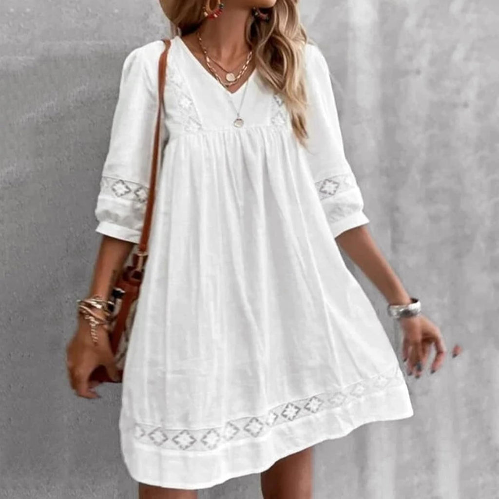 Clara Vestito Midi Estivo da Donna – Abito Elegante in Lino con Pieghe Casual Chic
