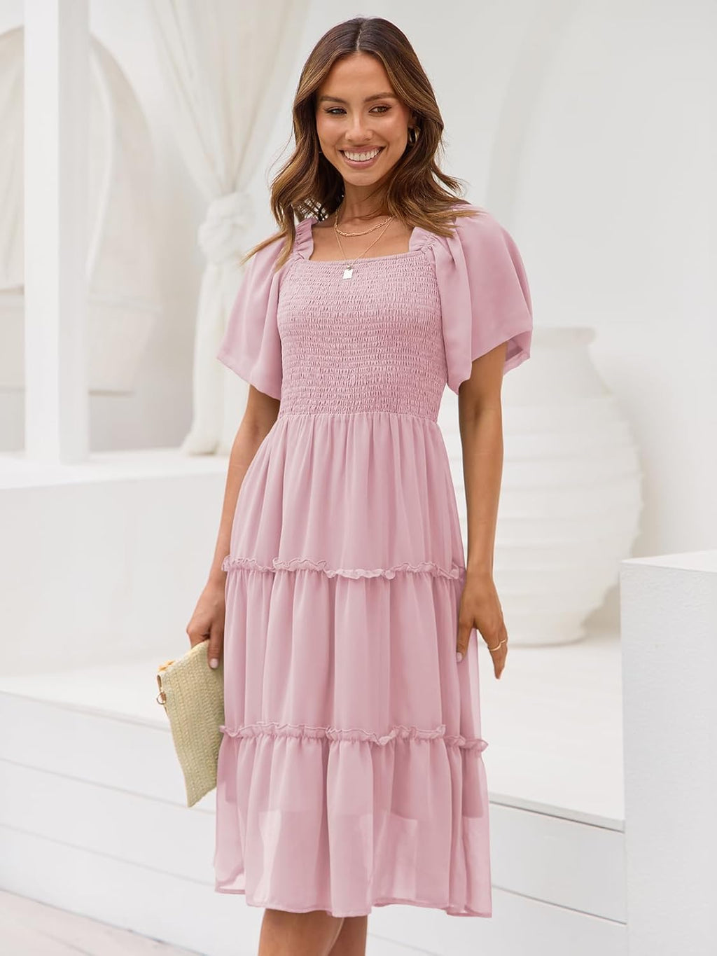 Valentina Robe Midi Femme – Encolure Carrée, Smock, Manches Volants Ligne A