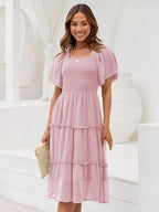 Valentina Robe Midi Femme – Encolure Carrée, Smock, Manches Volants Ligne A
