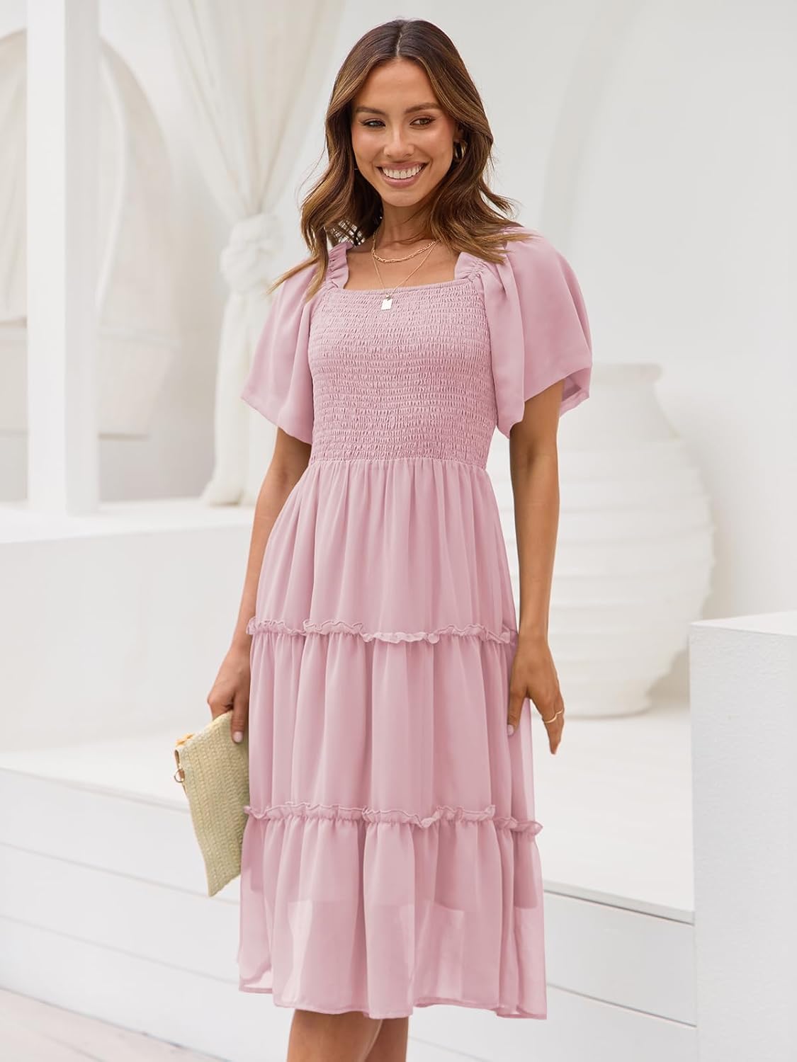 Valentina Robe Midi Femme – Encolure Carrée, Smock, Manches Volants Ligne A