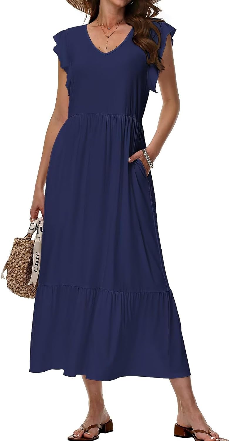 Elena Women's Floral Midi Dress – Summer Dress with V-Neck and Pockets