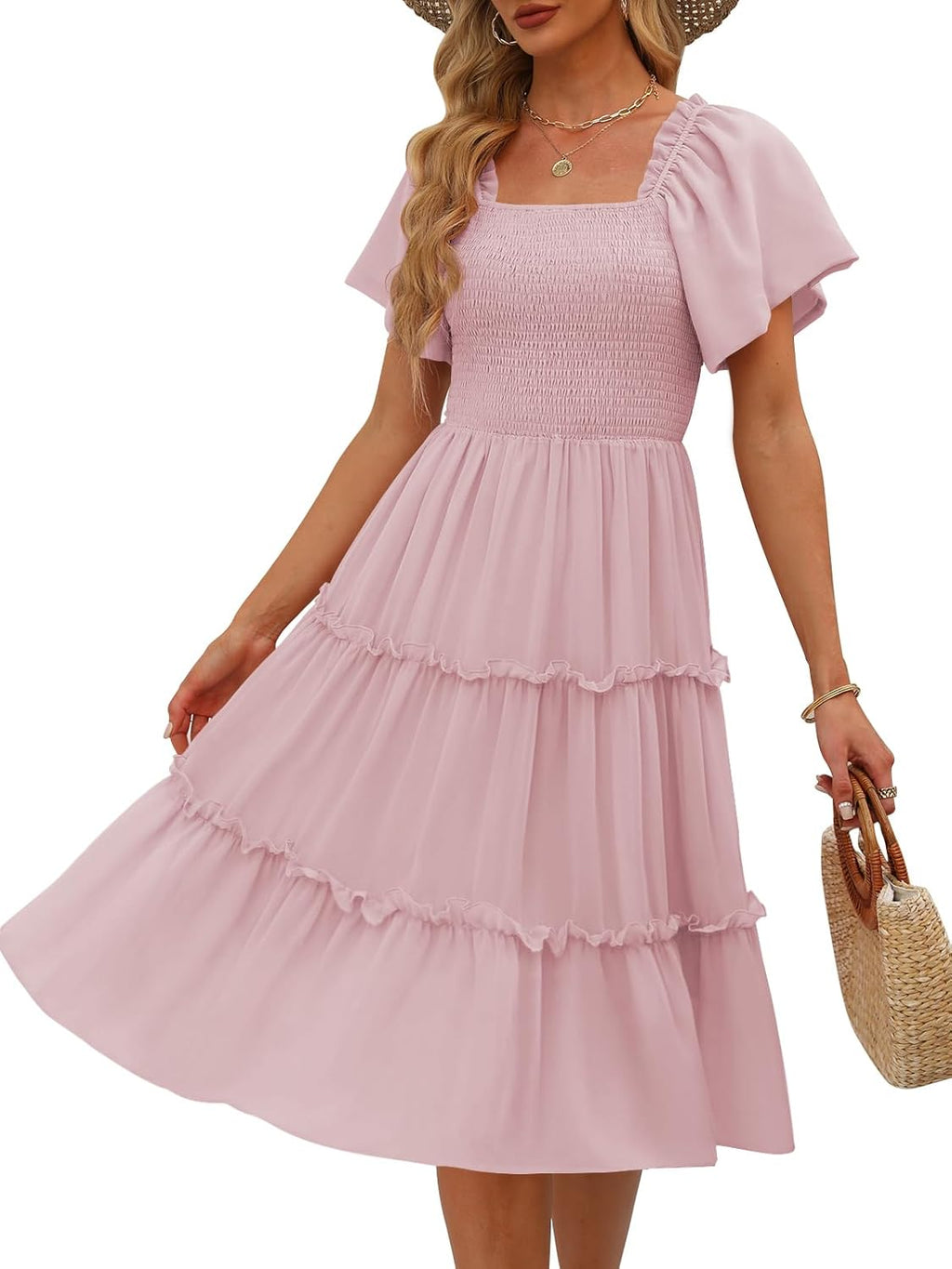 Valentina Robe Midi Femme – Encolure Carrée, Smock, Manches Volants Ligne A