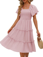 Valentina Robe Midi Femme – Encolure Carrée, Smock, Manches Volants Ligne A