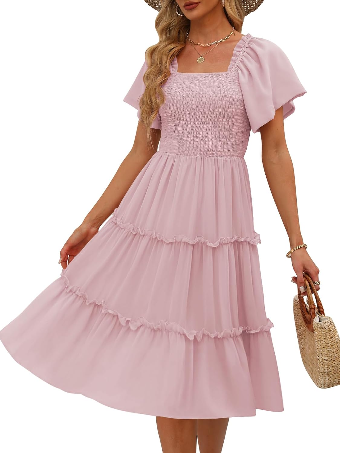 Valentina Robe Midi Femme – Encolure Carrée, Smock, Manches Volants Ligne A