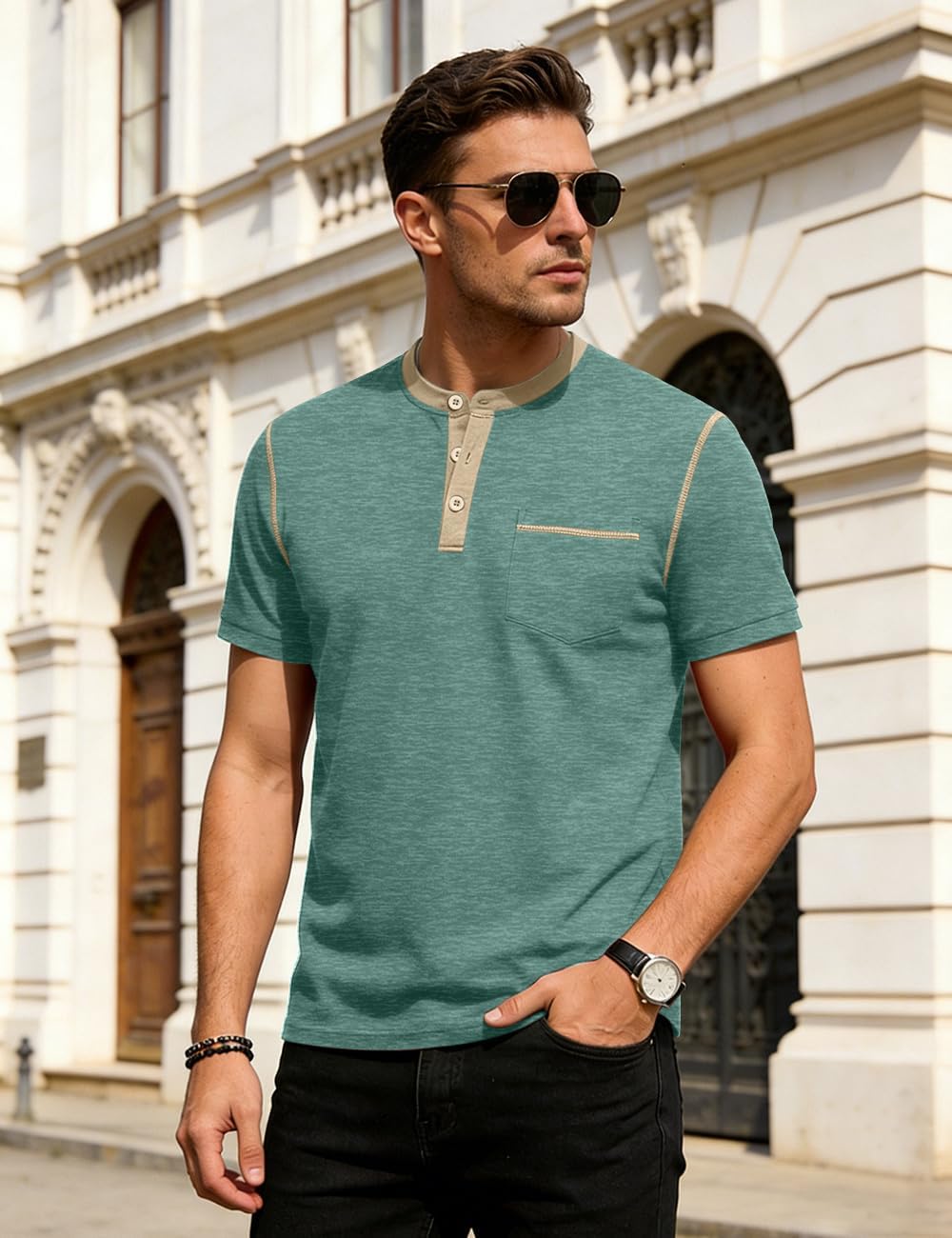 T-shirt Henley Matteo Homme – T-shirt décontracté à manches courtes avec boutons
