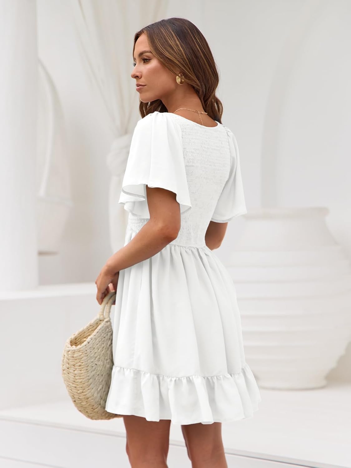 Mani Abito Donna Mini – Scollo V, Maniche Flutter, Smock, Tasche Estivo Chic