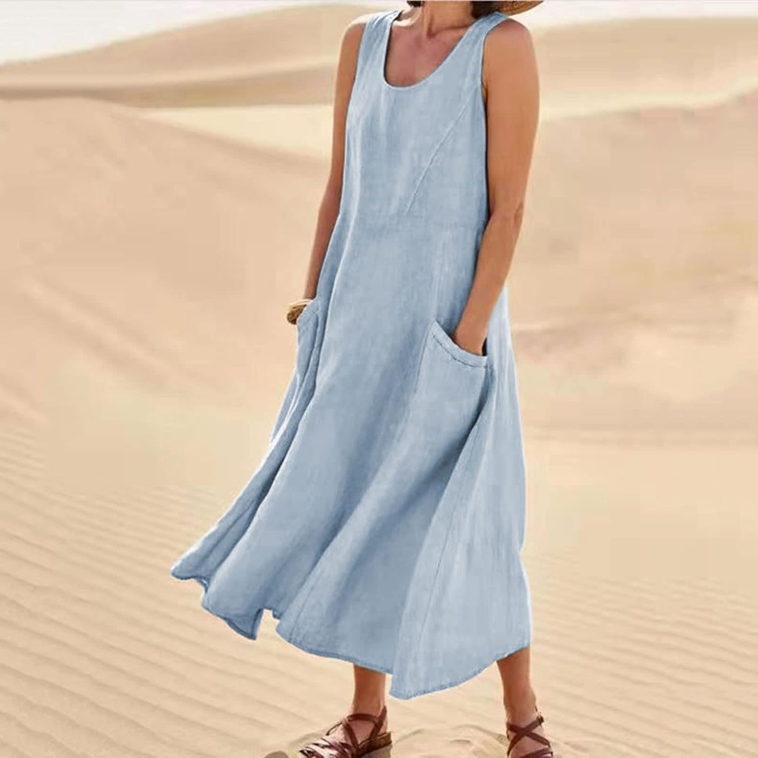 Elena Summer Dress in Cotton and Linen – Casual Sleeveless Dress with Pockets