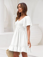 Mani Abito Donna Mini – Scollo V, Maniche Flutter, Smock, Tasche Estivo Chic