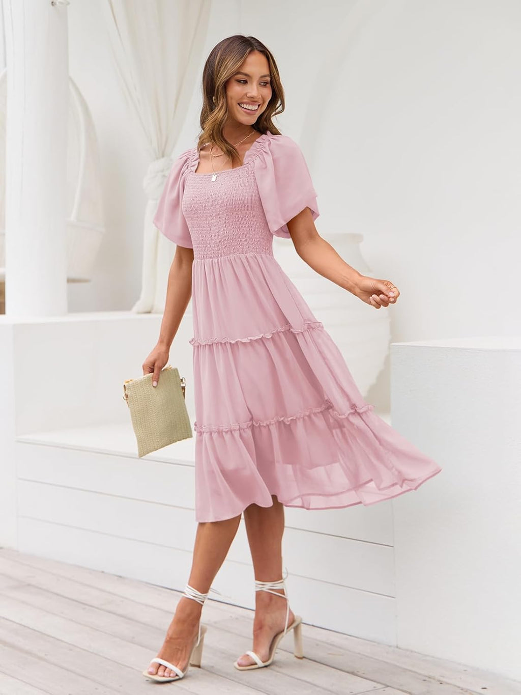 Valentina Robe Midi Femme – Encolure Carrée, Smock, Manches Volants Ligne A